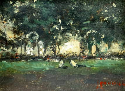 Bernard Lennon (NY,CT,1914-1992) oil painting: ARTIST: Bernard Lennon (New York, Connecticut, 1914 - 1992) TITLE: Landscape MEDIUM: oil on board CONDITION: Overall good. No visible inpaint under UV light. Wear to frame. ART SIZE: 6 x 8 inches /