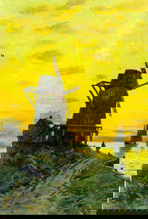 T Bailey (MA,19/20C) oil painting antique: ARTIST: T Bailey (Massachusetts, 19/20 centuries) TITLE: Sunset Windmill Landscape MEDIUM: oil on canvas CONDITION: Few pinholes along edges. Some small scratches/paint loss