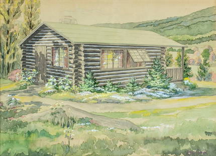 Albert Coppock (US,mid 20c) watercolor painting: ARTIST: Albert Coppock (American, mid 20 century) NAME: Landscape with Log Cabin YEAR: 1940 MEDIUM: watercolor on paper CONDITION: Very good. Minor age toning. Framed under glass. SIGHT SIZE: 10 x 14