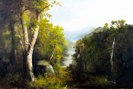 Ron Williams (TN,1947-2016) oil painting: ARTIST: Ron Williams (Tennessee, 1947 - 2016) TITLE: Mountain Stream Landscape MEDIUM: oil on canvas CONDITION: Few small paint losses. No visible inpaint under UV light.
