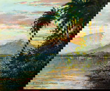 Clarkson Dye (CA,1869-1955) oil painting: ARTIST: Clarkson Dye (California, 1869 - 1955) TITLE: Sunset Coastal Landscape, Papcete Lagoon, Tahiti MEDIUM: oil on board CONDITION: Few minor paint losses. No visible i