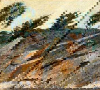Erik William Johnsen (Danish,1866-1948) oil painting antique: ARTIST: Erik William Johnsen (Denmark, 1866 - 1948) TITLE: Landscape, Randklove, Bornholm, Denmark YEAR: 1942 MEDIUM: oil on canvas CONDITION: Few mino