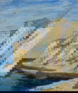 Hildegarde Hamilton (FL,VA,1898-1970) oil painting: ARTIST: Hildegarde Hume Hamilton (Florida, Virginia, 1898 - 1970) TITLE: Spanish Coastal Town (titled on verso) MEDIUM: oil on canvas CONDITION: Some flaking/paint losses. Some craquelure. No