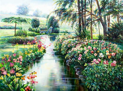 H Peter (US,20C) oil painting: ARTIST: H Peter (American, 20 century) TITLE: River Landscape MEDIUM: oil on canvas CONDITION: Unstretched (In-House stretching available). Few small paint losses. Some craq