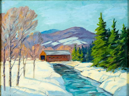 Vintage 20C American oil painting: ARTIST: - (American, 20 century) TITLE: Winter Landscape with Covered Bridge MEDIUM: oil on canvas. Canvas applied to board. CONDITION: Few small scratches/paint losses mostly by the left edge. No
