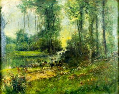 Arthur Greenus (US,1919-?) oil painting: ARTIST: Arthur Greenus (American, 1919 - ???) TITLE: Forest River Landscape MEDIUM: oil on canvas CONDITION: Some patches. Some paint losses. Some craquelure. Few scattere