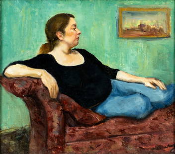 Okki L Whang (NY,20/21C) oil painting: ARTIST: Okki L Whang (New York, 20/21 centuries) TITLE: Repose MEDIUM: oil on canvas. Canvas applied to board. CONDITION: Few very minor paint losses. No visible inpaint under UV light. Wear to