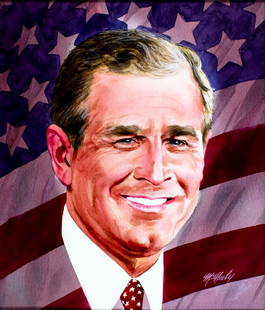 Tom McNeely (Canada,1935-?) watercolor painting: ARTIST: Tom McNeely (Canadian, 1935 - ???) TITLE: 2001 President Elect - George W Bush (titled on verso) YEAR: 2000 MEDIUM: watercolor on paper. Paper applied to board.