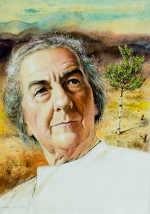 Harvey Kidder (NY,MA,1918-2001) acrylic painting: ARTIST: Harvey Whitney Kidder (New York, Massachusetts, 1918 - 2001) NAME: Portrait of Golda Meir - A Tree Grows in Brooklyn MEDIUM: acrylic and watercolor on board CONDITION: Very good. No visible
