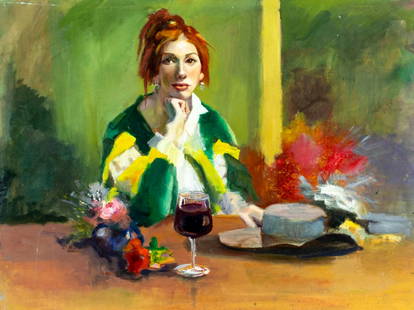 John Reilly (NY,NJ,1942-2021) oil painting: ARTIST: John Reilly (New York, New Jersey, 1942 - 2021) TITLE: Portrait of Woman with Glass of Wine MEDIUM: oil on board CONDITION: Some small damage to the upper left corner. Some scratches/paint