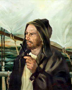 Frank Bodis (US,20C) oil painting: ARTIST: Frank Bodis (American, 20 century) NAME: Portrait of Fisherman MEDIUM: oil on canvas CONDITION: Few small scratches. Minor craquelure. No visible inpaint under UV light. SIGHT SIZ