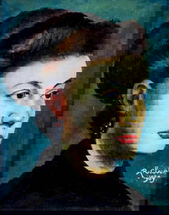 Robert Clouet (France,20C) oil painting: ARTIST: Robert Clouet (French, 20 century) TITLE: Portrait of Woman YEAR: 1989 MEDIUM: oil on board CONDITION: Very good. No visible inpaint under UV lig