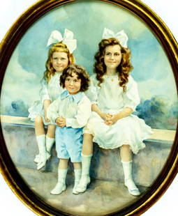 Elizabeth Shoumatoff (NY,Russia,1888-1980) watercolor painting: ARTIST: Elizabeth Avinoff Shoumatoff (New York, Russian, 1888 - 1980) TITLE: Portrait of Children MEDIUM: watercolor on paper CONDITION: Minor age toning. Framed under gl
