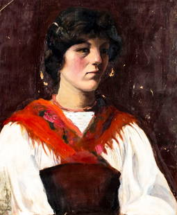 Katherine Beecher Stetson (NY,CA,RI,1885-1979) oil painting antique: ARTIST: Katherine Beecher Stetson (New York, California, Rhode Island, 1885 - 1979) TITLE: Portrait of Roman Girl (titled on verso) YEAR: 1905 MEDIUM: oil on canvas