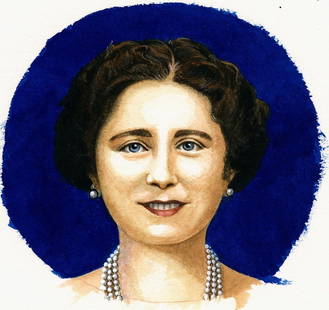 Clive Abbott (UK,1933–2008) watercolor painting: ARTIST: Clive Abbott (United Kingdom, 1933 – 2008) TITLE: Queen Mothers 100th Birthday, As a Queen (titled on verso) YEAR: 2000 MEDIUM: watercolor on paper. Paper applied to