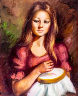 Roser Vinardell (Spain,1941-?) oil painting: ARTIST: Roser Vinardell (Spanish, 1941 - ???) TITLE: Woman Embroidering MEDIUM: oil on canvas CONDITION: Unstretched (In-House stretching available). Minor paint losses. S