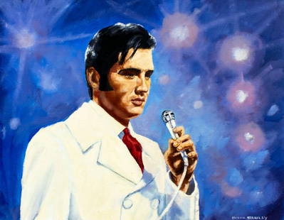 Diane Stanley (TX,Scottish,1943-?) oil painting: ARTIST: Diane Elizabeth Stanley (Texas, Scotland, 1943 - ???) TITLE: Elvis Presley - Love Me Tender (titled on verso) YEAR: 1997 MEDIUM: oil on canvas board CON