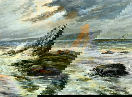 Christian Rasmussen Langtved (Danish,early 20C) oil painting antique: ARTIST: Christian Rasmussen Langtved (Denmark, early 20 century) TITLE: Cloudy Seascape MEDIUM: oil on canvas CONDITION: Some scratches/paint losses. Some craquelure. Some