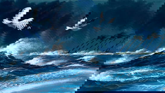 Dean Ellis (NY,1920-2009) gouache painting: ARTIST: Dean Ellis (New York, 1920 - 2009) TITLE: History of the Marshall Islands - Storm Blowing Birds and Seeds to Atoll (titled on verso) YEAR: 1995 MEDIUM: gouache on