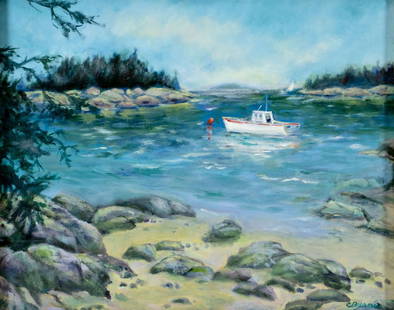 C Burns (US,mid 20C) oil painting: ARTIST: C Burns (American, mid 20 century) TITLE: Seascape with Boat MEDIUM: oil on board CONDITION: Few small scratches/paint losses mostly along edges. No visible inpaint