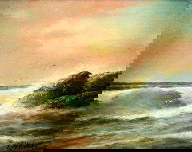T Mitchel (US,mid 20C) oil painting: ARTIST: T Mitchel (American, mid 20 century) TITLE: Sunset Seascape MEDIUM: oil on canvas CONDITION: Overall good. No visible inpaint under UV light. Some damages to frame. ART SIZE: 8 x 10 inches /