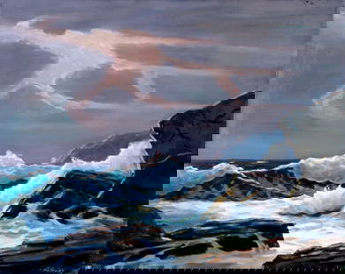 George Holloway (NJ,20C) oil painting: ARTIST: George Holloway (New Jersey, 20 century) TITLE: Sunset Seascape MEDIUM: oil on canvas CONDITION: Few minor scratches/paint losses. Normal wear along edges. No visible inpaint under UV light.