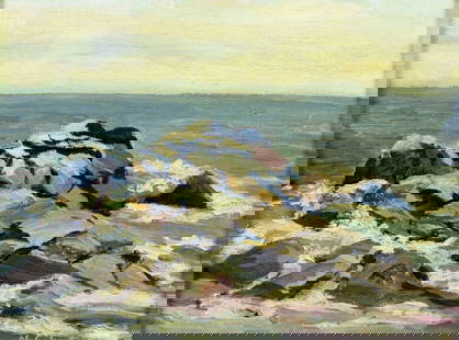 Vintage mid 20C American oil painting signed: ARTIST: - (American, mid 20 century) TITLE: Rocky Coast MEDIUM: oil on canvas board CONDITION: Few minor paint losses. No visible inpaint under UV light. ART SIZE: 12 x 16 inches / 30 x 40 cm FRAME