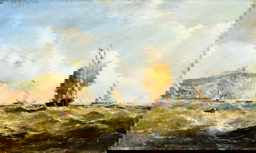 Antique 19C British oil painting: ARTIST: - (United Kingdom, 19 century) TITLE: Seascape with Sailboats MEDIUM: oil on canvas CONDITION: Few small patches. Some small damages to the left edge of canvas. Some craquelure. Some paint