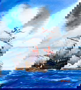 Tom McNeely (Canada,1935-?) watercolor painting: ARTIST: Tom McNeely (Canadian, 1935 - ???) TITLE: Columbus Block of 4 - Crossing the Atlantics (titled on verso) YEAR: 1992 MEDIUM: watercolor on paper. Paper applied to board. CONDITION: Very
