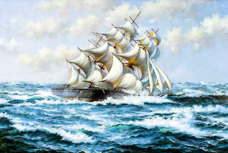 John Davis (US,20C) oil painting: ARTIST: John Davis (American, 20 century) NAME: Sail Ship in Rough Seas MEDIUM: oil on canvas CONDITION: Very good. No visible inpaint under UV light. SIGHT SIZE: 24 x 36 inches / 60 x 91 cm FRAME
