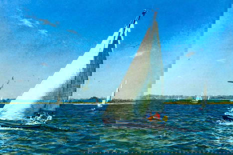 Vintage 20C American watercolor painting: ARTIST: - (American, 20 century) TITLE: Sailboat MEDIUM: watercolor and gouache on paper CONDITION: Very good. Framed under glass. Wear to frame. ART SIZE: