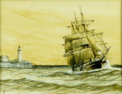 Frederick Tordoff (NJ,UK,1939-2022) watercolor painting: ARTIST: Frederick Tordoff (New Jersey, United Kingdom, 1939 - 2022) TITLE: Sail Ship MEDIUM: watercolor on paper CONDITION: Some age toning. Framed under glass. Some small damages to frame. ART