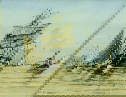 Frederick Tordoff (NJ,UK,1939-2022) watercolor painting: ARTIST: Frederick Tordoff (New Jersey, United Kingdom, 1939 - 2022) TITLE: On the Thames, UK MEDIUM: watercolor on paper CONDITION: Some age toning. Framed under glass. So