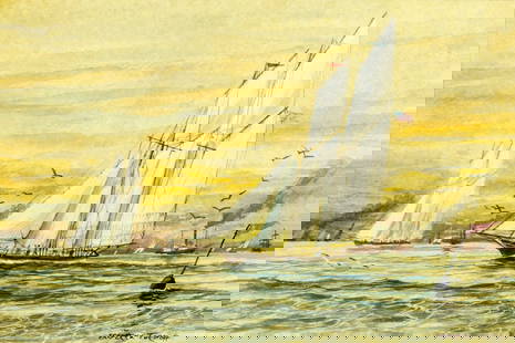 Frederick Tordoff (NJ,UK,1939-2022) watercolor painting: ARTIST: Frederick Tordoff (New Jersey, United Kingdom, 1939 - 2022) TITLE: Americas Cup Yacht Racing - Off the Isle of Wight (titled on verso) MEDIUM: watercolor on paper CONDITION: Some age