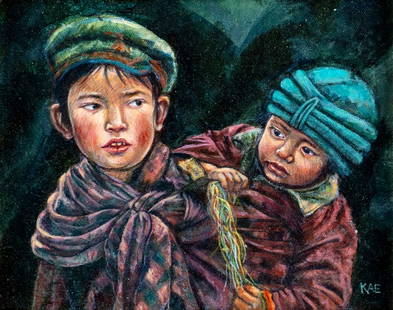 Kae Keen (US,20C) oil painting: ARTIST: Kae Keen (American, 20 century) TITLE: Portrait of Asian Boys MEDIUM: oil on canvas CONDITION: Very good. No visible inpaint under UV light. Wear to frame. ART SIZE: 8 x 10 inches / 20 x 25