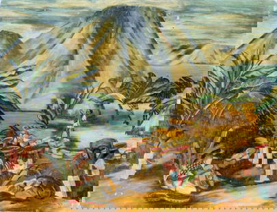 E Buchman (Europe,mid 20C) oil painting: ARTIST: E Buchman (European, mid 20 century) TITLE: Asian Village Scene YEAR: 1947 MEDIUM: oil on board CONDITION: Some damages to edges and corners. Some scattered nail holes. Some scratches/paint