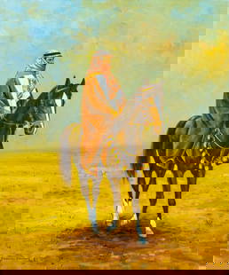 Vintage 20C American oil painting signed: ARTIST: - (American, 20 century) TITLE: Arab Man on Horse YEAR: 1983 MEDIUM: oil on canvas CONDITION: One small patch. Few minor paint losses. No visib