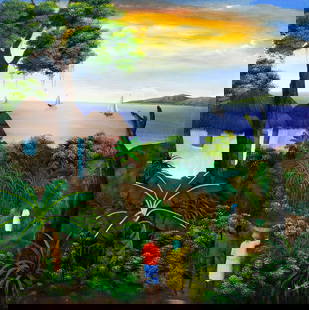 L Valantry (Haiti,20C) oil painting: ARTIST: L Valantry (Haitian, 20 century) TITLE: Haitian Sunset Coastal Landscape MEDIUM: oil on canvas CONDITION: Few minor paint losses along edges. No visible inpaint unde