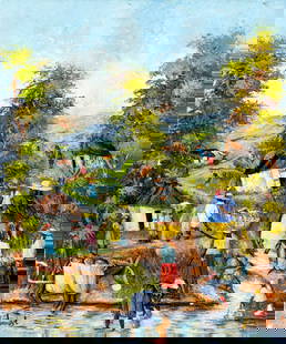 Vintage 20C Haitian oil painting signed: ARTIST: - (Haiti, 20 century) TITLE: Haitian Village Scene YEAR: 2008 MEDIUM: oil on canvas CONDITION: One small patch. Some flaking/paint losses (see