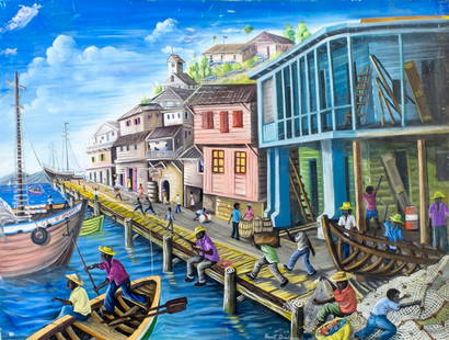 Hovert Dominique (Haiti,20C) oil painting: ARTIST: Hovert Dominique (Haitian, 20 century) TITLE: Haitian Harbor Scene YEAR: 1986 MEDIUM: oil on canvas CONDITION: Few nail holes along edges. Some s