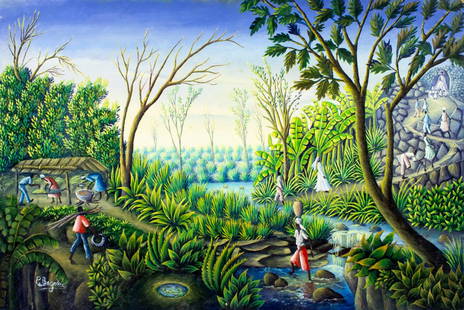 Vintage 20C Haitian oil painting signed: ARTIST: - (Haiti, 20 century) TITLE: Haitian Village Landscape MEDIUM: oil on board CONDITION: Some small damages to corners. Few small paint losses. No visible inpaint un