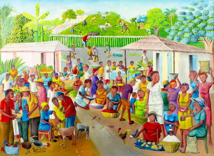 Louines Mentor (Haiti,1936-?) oil painting: ARTIST: Louines Mentor (Haitian, 1936 - ???) TITLE: Haitian Market Scene MEDIUM: oil on canvas CONDITION: Some flaking/paint losses mostly by the lower edge. Some craquel
