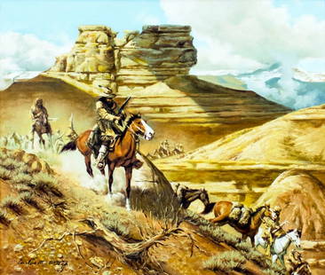 Carlos M Ortega (US,20C) oil painting: ARTIST: Carlos M Ortega (American, 20 century) NAME: Western Scene MEDIUM: oil on canvas CONDITION: Minor craquelure. One small inpainting 1/2" x 1" in upper left area in the sky. SIGHT S