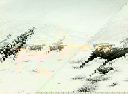 Tazor (US,mid 20C) watercolor painting: ARTIST: Tazor (American, mid 20 century) TITLE: Early Morning Round Up (titled on verso) MEDIUM: watercolor on paper CONDITION: Overall good. Framed under glass. Wear to fra