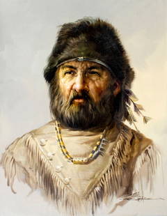 Rick Gonzalez (US,20C) oil painting: ARTIST: Rick Gonzalez (American, 20 century) TITLE: Mountain Man Portrait MEDIUM: oil on canvas CONDITION: Unstretched (In-House stretching available). Few very minor paint