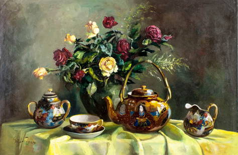 Zsuzsanna Suger (Hungary,1939-?) oil painting: ARTIST: Zsuzsanna Suger (Hungarian, 1939 - ???) TITLE: Still Life with Tea Set and Vase of Roses MEDIUM: oil on canvas CONDITION: Unstretched (In-House stretching availabl