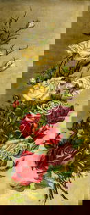 Antique early 20C American oil painting: ARTIST: - (American, early 20 century) TITLE: Still Life with Roses MEDIUM: oil on canvas CONDITION: Few repaired tears with corresponding inpaintings. Very minor craquel