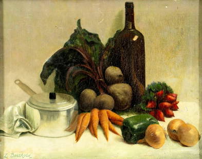 L Berthold (US,early 20C) oil painting antique: ARTIST: L Berthold (American, early 20 century) TITLE: Still Life with Bottle and Vegetables MEDIUM: oil on canvas CONDITION: One small patch. Some scratches/paint losses. S