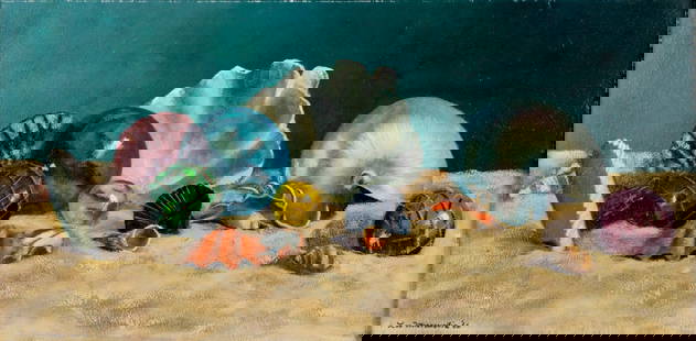 Lee Missonellie (US,mid 20C) oil painting: ARTIST: Lee Missonellie (American, mid 20 century) TITLE: Still Life with Seashells YEAR: 1966 MEDIUM: oil on board CONDITION: Minor scratches/paint loss