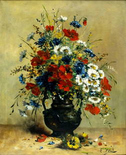Eugene Petit (France,1839-1933) oil painting antique: ARTIST: Eugene Joseph Constant Pierre Petit (French, 1839 - 1933) TITLE: Still Life with Vase of Flowers MEDIUM: oil on canvas CONDITION: Minor paint losses mostly in the